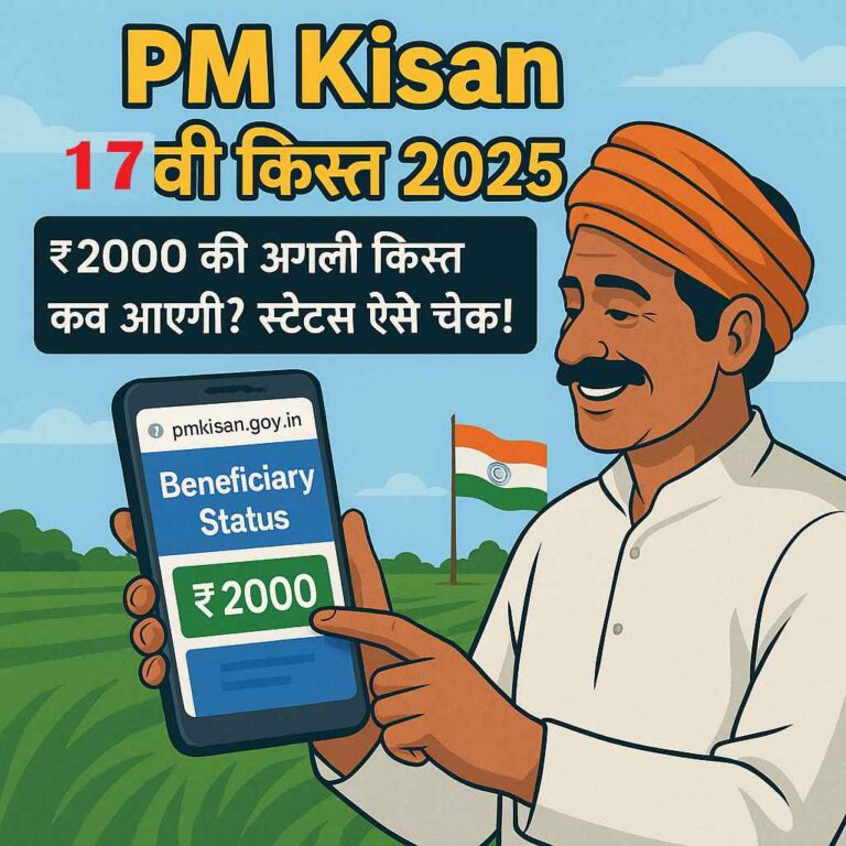 PM Kisan 17वीं किस्त 2025 की जानकारी लेते हुए किसान, मोबाइल स्क्रीन पर ₹2000 की राशि और Beneficiary Status