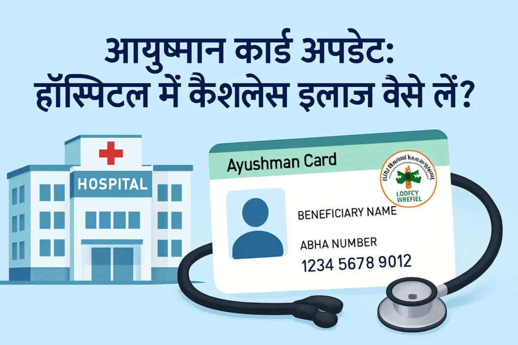 क्लीन टेक्स्ट-ओनली इमेज सफेद बैकग्राउंड पर बड़े हिंदी यूनिकोड टेक्स्ट के साथ: 'आयुष्मान कार्ड अपडेट: हॉस्पिटल में कैशलेस इलाज कैसे लें?'