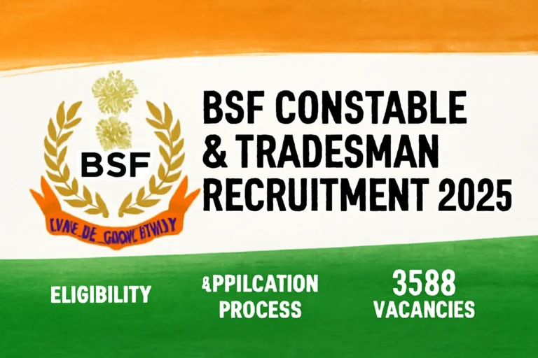 BSF Constable and Tradesman Recruitment 2025 banner showing 3588 vacancies, eligibility criteria, and online application details with official BSF logo