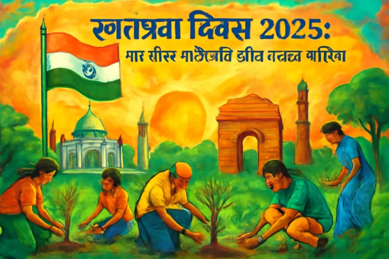 Independence Day 2025 Indian flag waving at sunrise with citizens participating in green sustainability campaigns