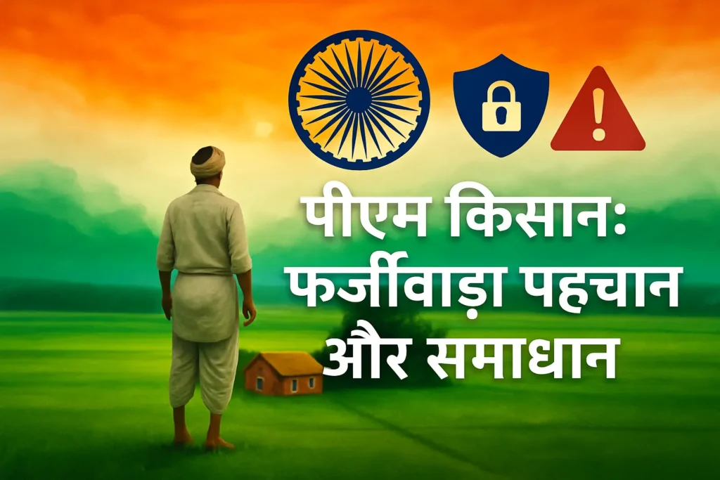 तिरंगे के रंगों (केसरिया, सफेद, हरा) और अशोक चक्र के साथ खेतों के बीच एक ग्रामीण घर, भारतीयता और स्वतंत्रता का प्रतीक।