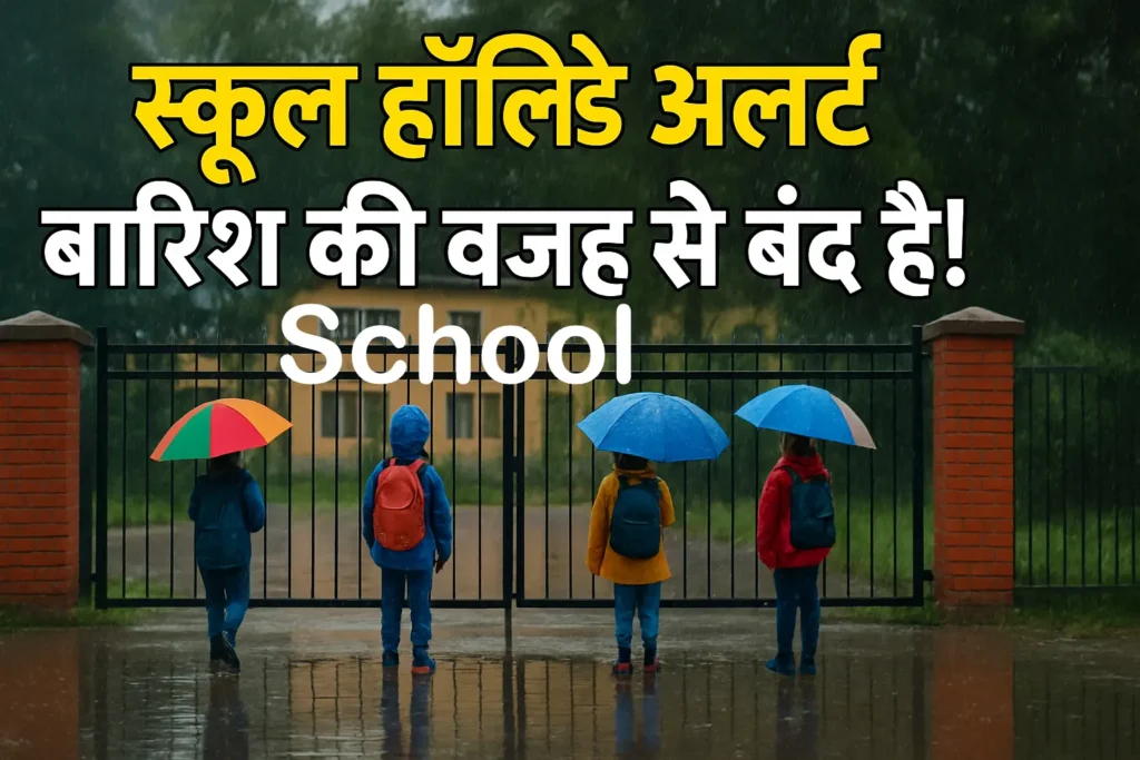 School gates closed during rain, children holding colorful umbrellas, water puddles in front, Hindi text overlay 'School Holiday Alert - Baarish Ki Wajah Se Band Hai!' representing school holiday due to heavy rainfall.