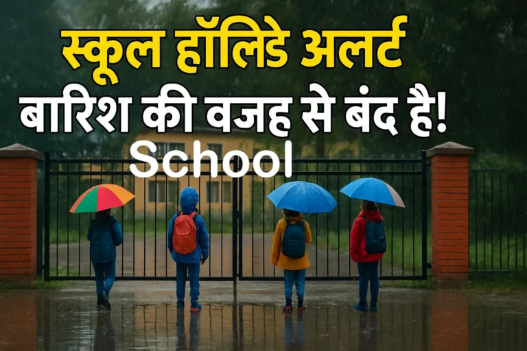 School gates closed during rain, children holding colorful umbrellas, water puddles in front, Hindi text overlay 'School Holiday Alert - Baarish Ki Wajah Se Band Hai!' representing school holiday due to heavy rainfall.