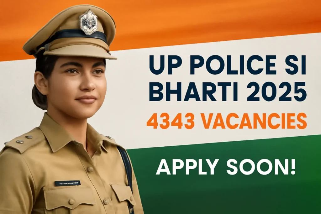 UP Police SI Bharti 2025 banner showing recruitment announcement for 4543 Sub Inspector posts with official UP Police logo and Indian flag colors