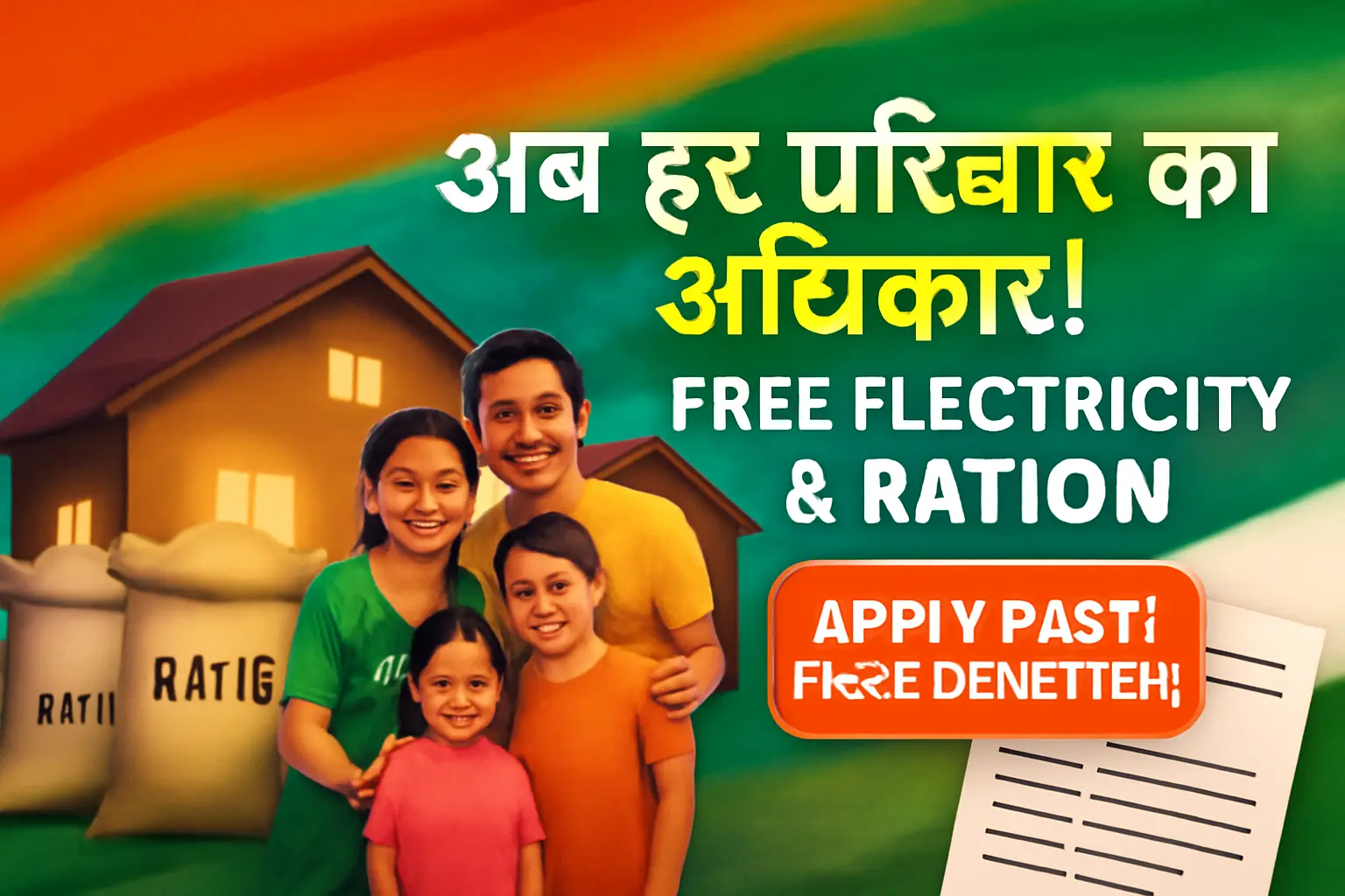 Joyful Indian family outside a brightly lit house, sacks of ration, tricolor background, government documents, with bold Hindi-English text 'अब हर परिवार का अधिकार!' and 'Apply Now – Get Free Benefits!'.