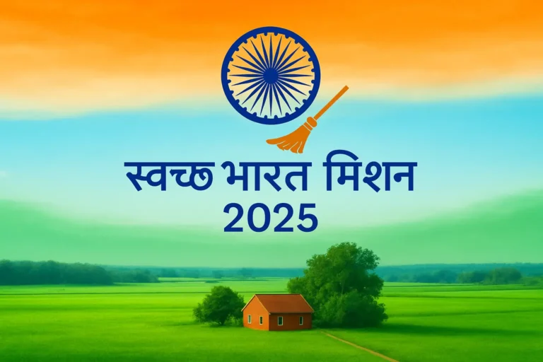 तिरंगा रंग के आसमान और अशोक चक्र के साथ हरे-भरे खेतों में लाल छत वाला ग्रामीण घर।