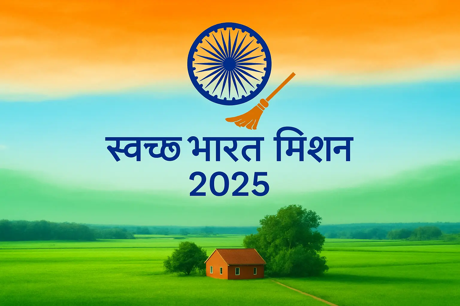 तिरंगा रंग के आसमान और अशोक चक्र के साथ हरे-भरे खेतों में लाल छत वाला ग्रामीण घर।