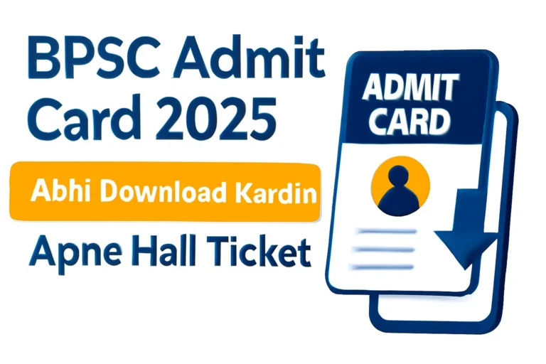 BPSC Admit Card 2025 Google Discover इमेज: Hinglish टेक्स्ट 'BPSC Admit Card 2025 - Abhi Download Karein Apne Hall Ticket' के साथ, ब्लू, व्हाइट और ऑरेंज कलर्स में क्लीन मॉडर्न डिज़ाइन, 1200x628 पिक्सल साइज़, मोबाइल ऑप्टिमाइज्ड हाई CTR के लिए