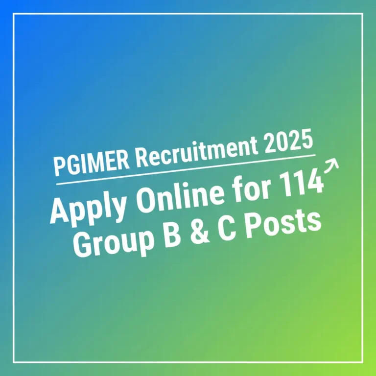 High CTR text-only image for PGIMER Recruitment 2025 blog post with bold text 'PGIMER Recruitment 2025 - Apply Online for 114 Group B & C Posts', vibrant blue and green background, sans-serif font, size 1200x628 pixels