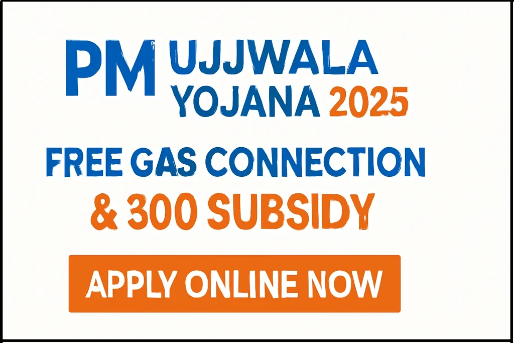 Professional Google Discover image for PM Ujjwala Yojana 2025: Bold English text on free gas connection and ₹300 subsidy, sized 1200x628 pixels with blue and orange colors for high visibility and CTR.