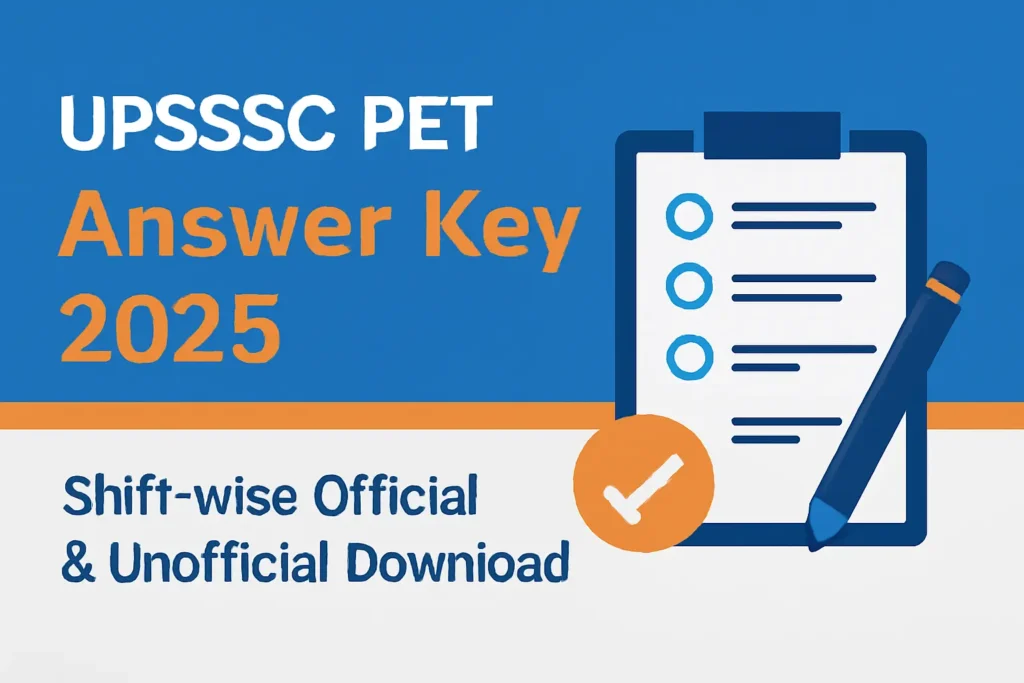 UPSSSC PET Answer Key 2025 Google Discover इमेज: Hinglish टेक्स्ट 'UPSSSC PET Answer Key 2025 – Shift-wise Official & Unofficial Download' के साथ, ब्लू, व्हाइट और ऑरेंज कलर्स में, मोबाइल-ऑप्टिमाइज्ड 1200x628 पिक्सल डिज़ाइन
