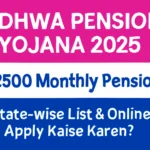 Google Discover image for Vidhwa Pension Yojana 2025 with Hinglish text 'Vidhwa Pension Yojana 2025 – Rs 2500 Monthly Pension, State-wise List & Online Apply Kaise Karen?', vibrant pink, white, blue colors, mobile optimized design, 1200x628 pixels