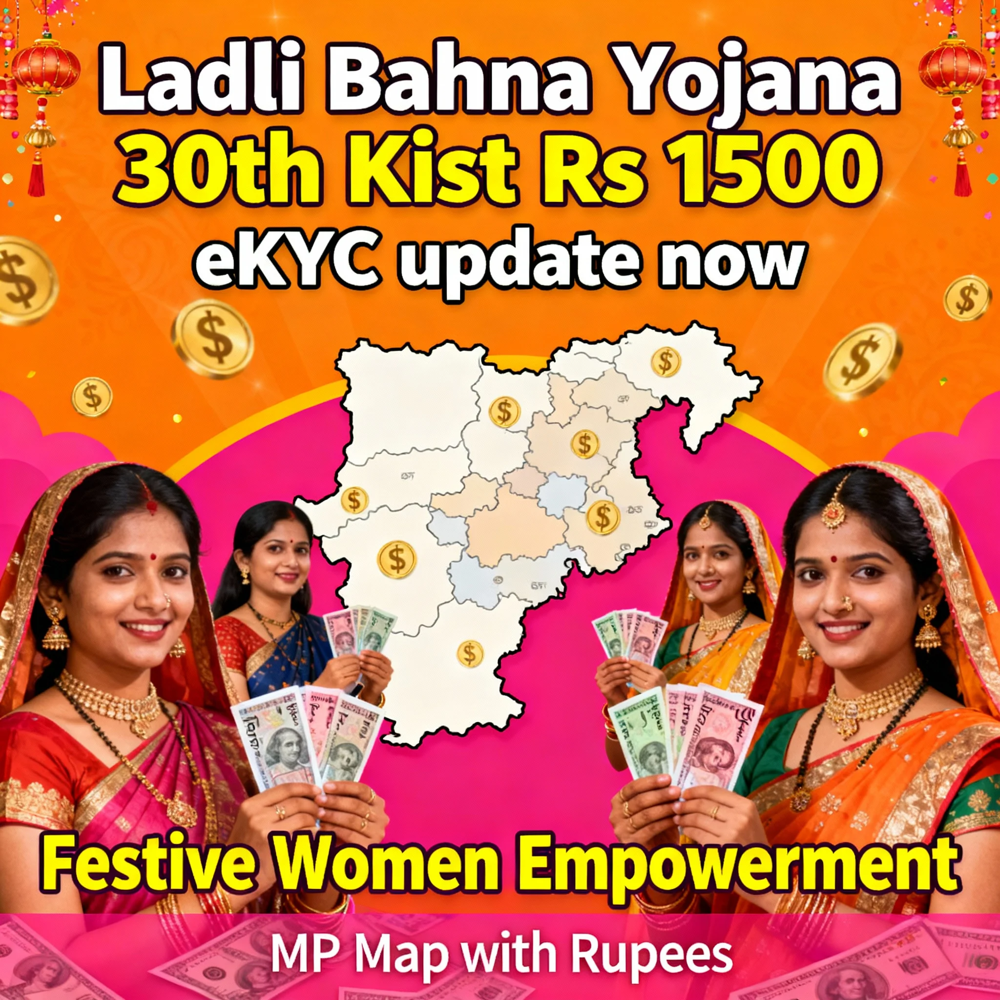 Ladli Bahna Yojana 30th kist Rs 1500 eKYC update, festive women empowerment with MP map