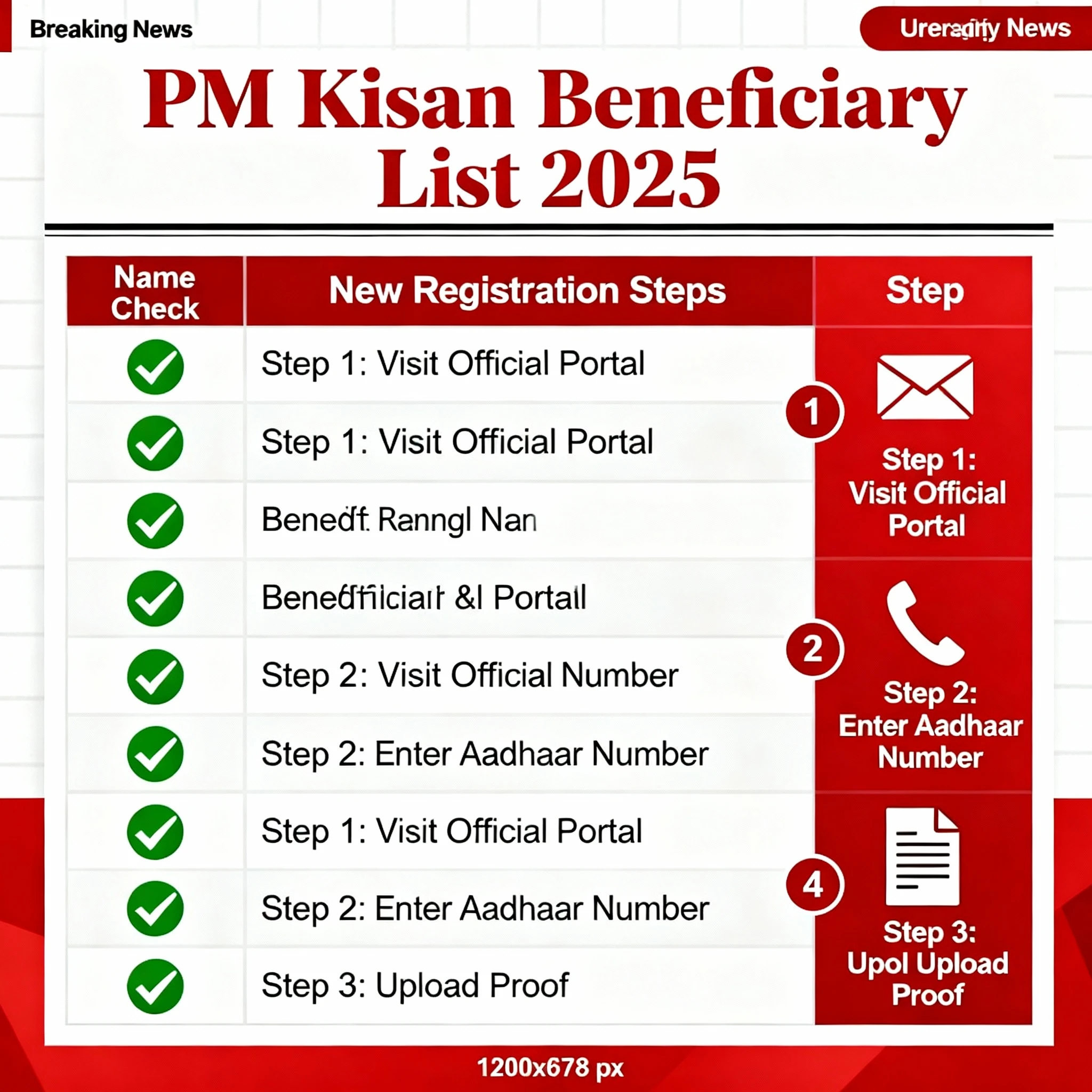 पीएम किसान बेनिफिशरी लिस्ट 2025: नाम चेक आइकॉन, नए रजिस्ट्रेशन स्टेप्स, 21st किस्त और ब्रेकिंग न्यूज स्टाइल इमेज, फार्मर्स के लिए गाइड दर्शाती