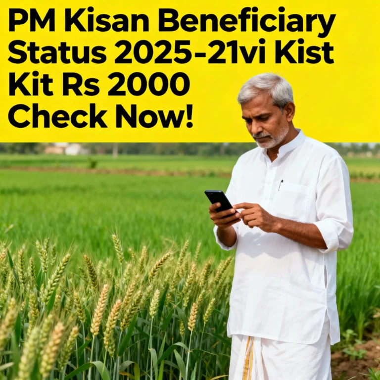 PM Kisan beneficiary status 2025 image with farmer checking 21vi kist Rs 2000 on mobile, bold Hinglish text Check Now
