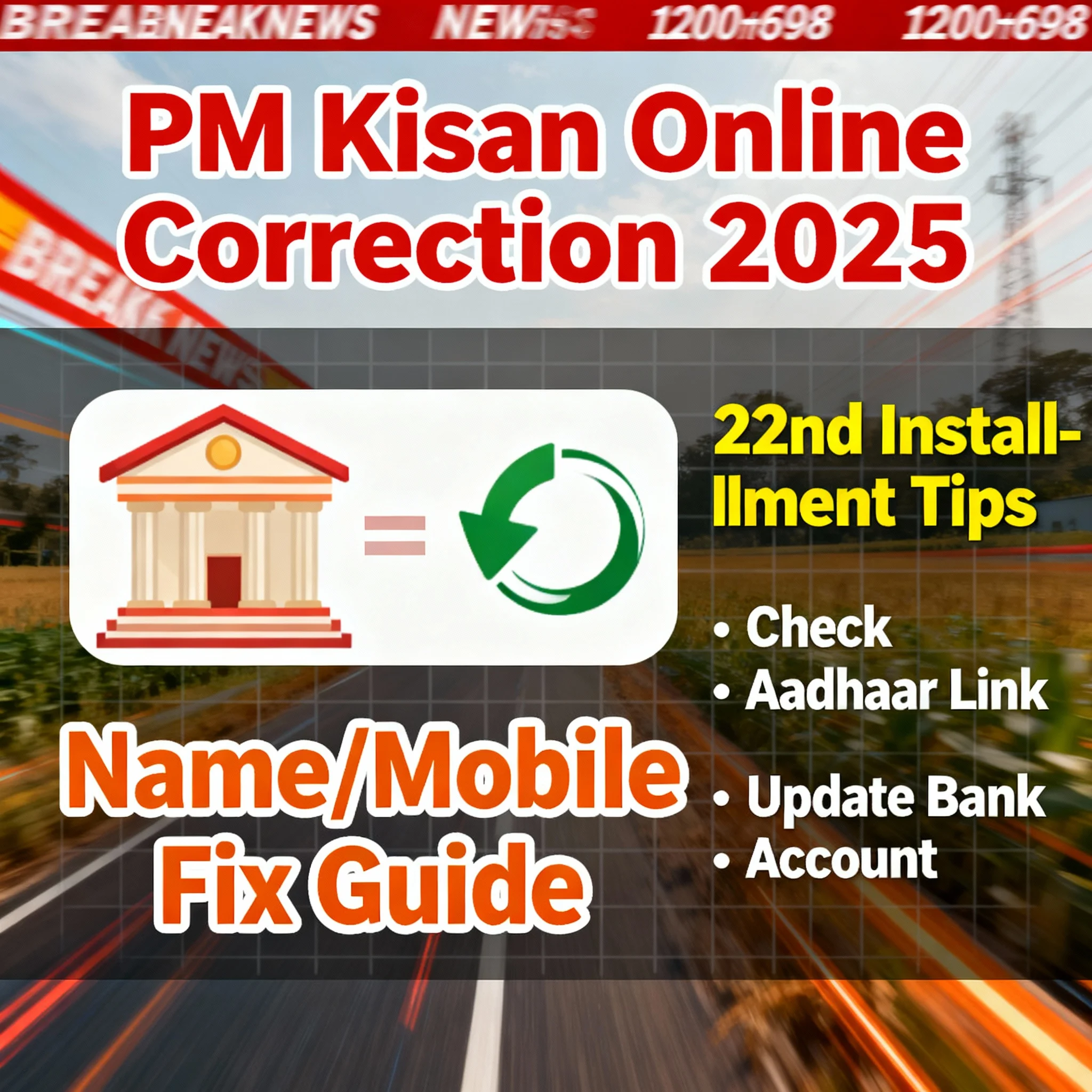 पीएम किसान ऑनलाइन करेक्शन 2025: बैंक अपडेट आइकॉन, नाम/मोबाइल सुधार, 22nd किस्त टिप्स और ब्रेकिंग न्यूज स्टाइल इमेज, फार्मर्स के लिए गाइड दर्शाती