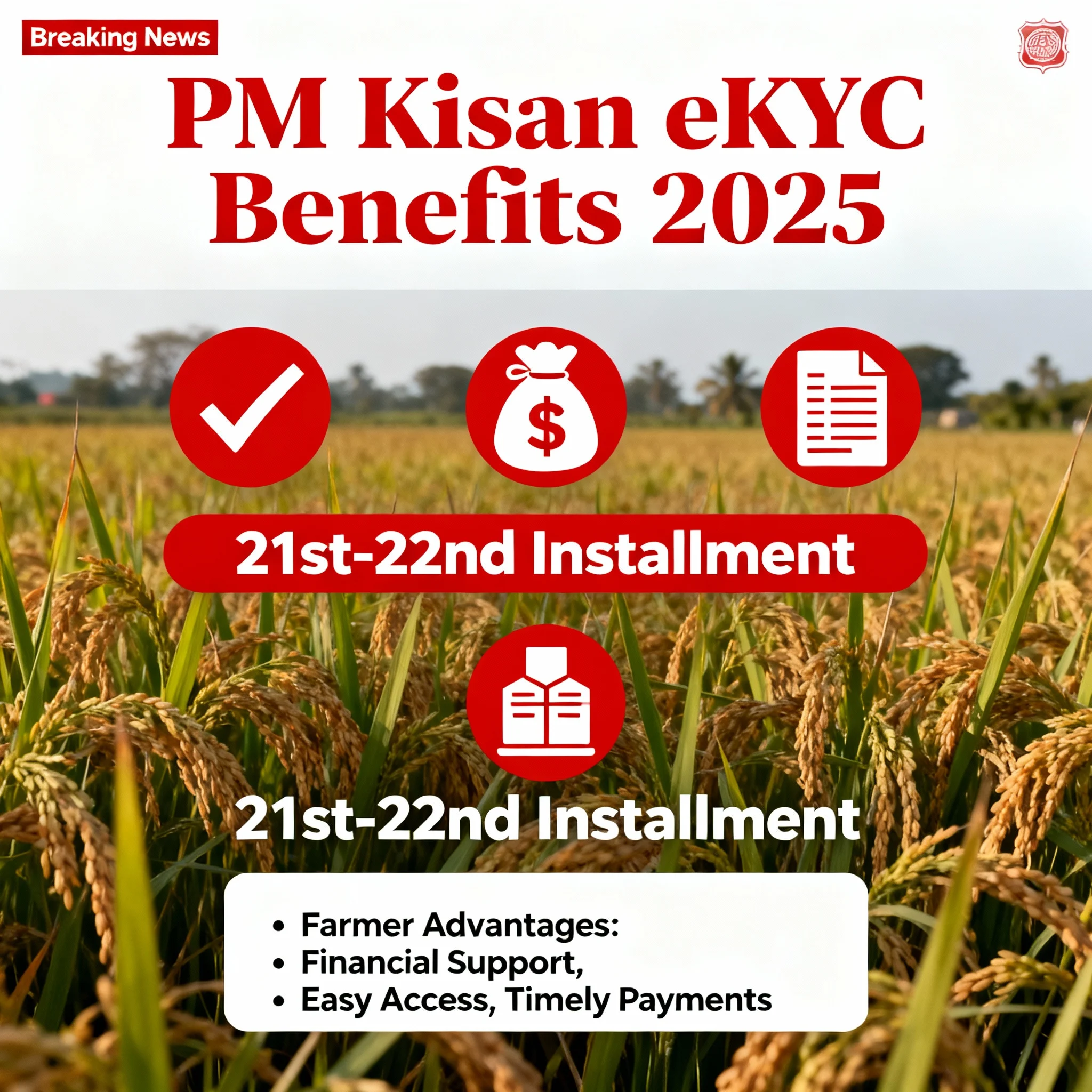 PM Kisan eKYC Benefits 2025 image with icons for fast DBT, fraud prevention, farmer advantages and 21st-22nd installment impact