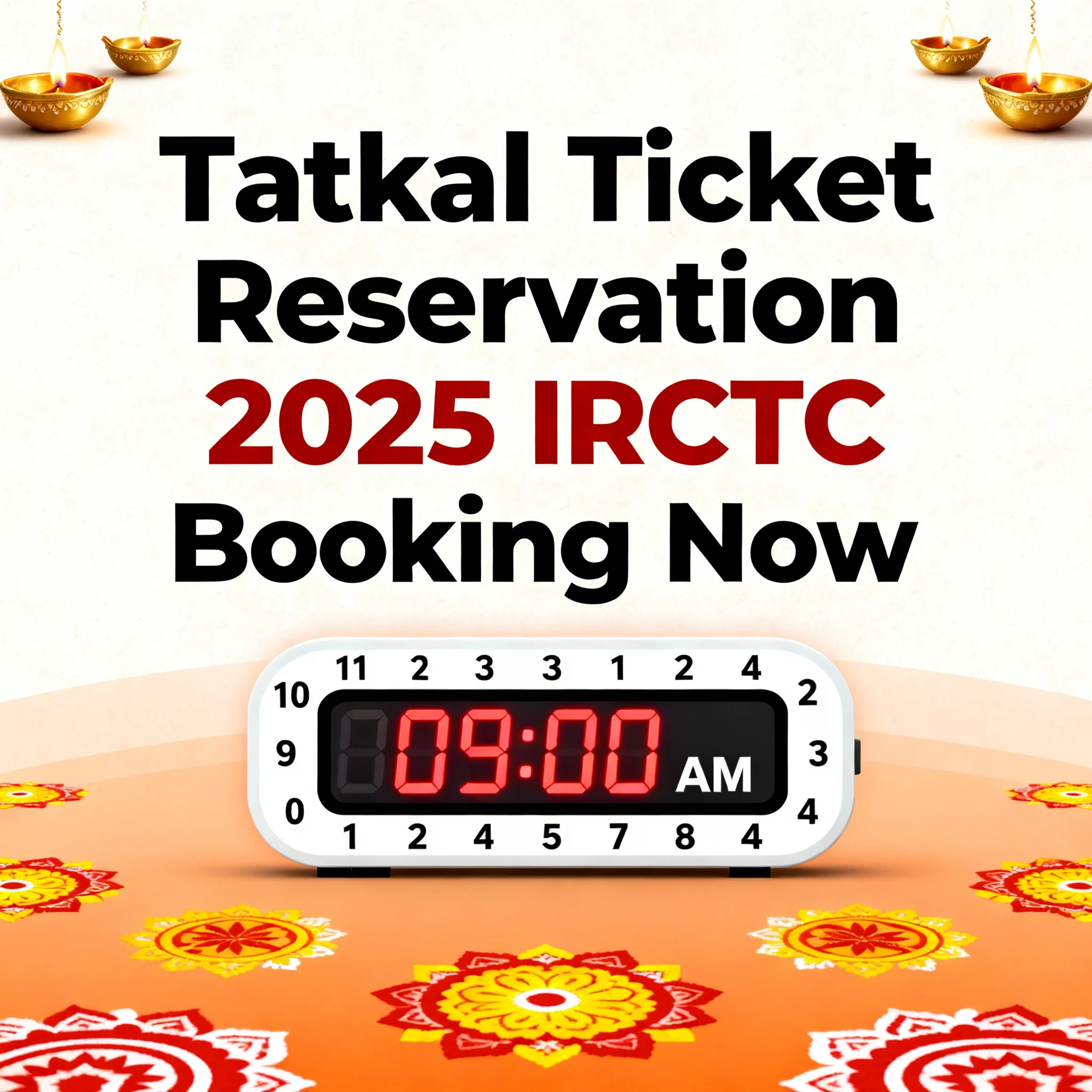 Tatkal ticket reservation 2025 IRCTC booking image with bold Hinglish text, train clock and clean Diwali festive background