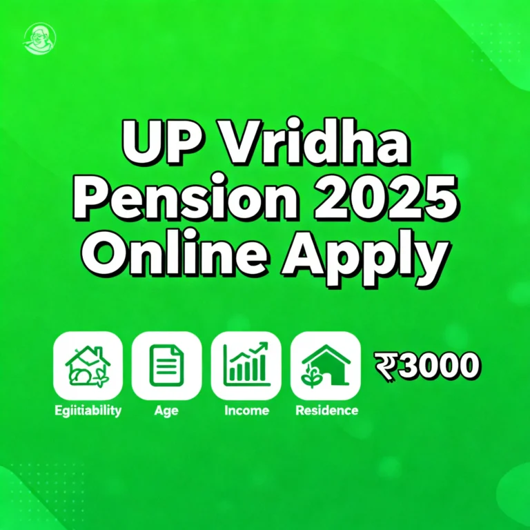 UP Vridha Pension 2025 online apply Hinglish guide with eligibility icons and ₹3000 symbol on green background