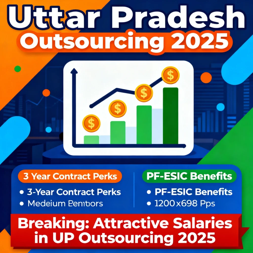 उत्तर प्रदेश आउटसोर्सिंग 2025 वेतन अपडेट: नई सैलरी स्केल, 3-वर्ष कॉन्ट्रैक्ट और PF-ESIC लाभ दिखाती आकर्षक इमेज